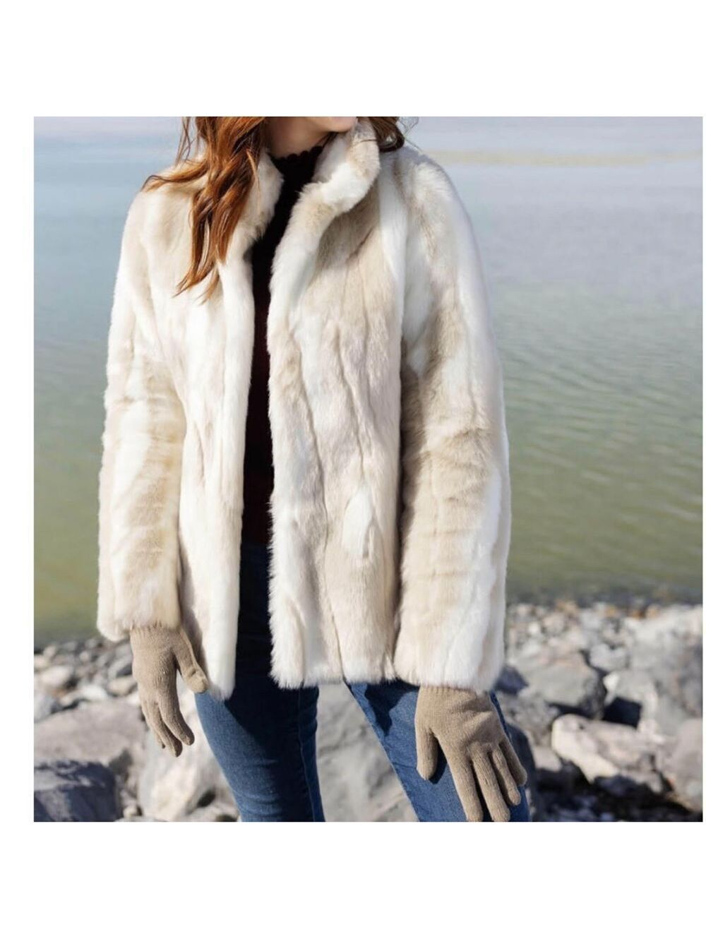 Fur Bomber Vintage Cream Ivory Rabbit Boho Relaxed Style Coat Jacket 36 S M